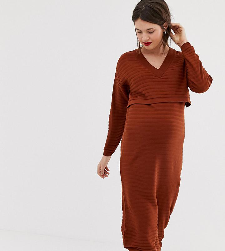 Asos Design Maternity Nursing Ripple Stitch Deep V Midi Dress In Eco Yarn - Red