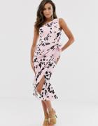 Asos Design One Shoulder Tuck Detail Midi Dress In Animal Print-multi