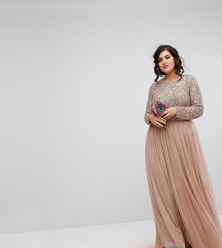Maya Plus Bridesmaid Long Sleeved Maxi Dress With Delicate Sequin And Tulle Skirt - Black