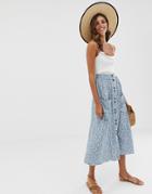 Asos Design Button Front Midi Skirt With Pockets In Blue Floral Print - Multi