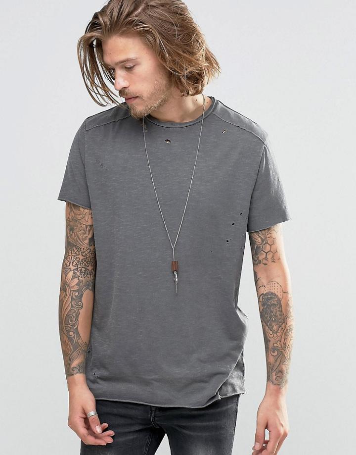 Asos T-shirt In Slub Fabric With Distressing And Angled Seam - Smoked Pearl