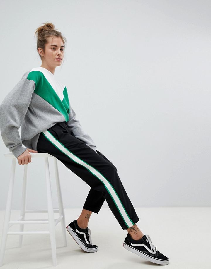 Pull & Bear Green Side Stripe Peg Leg Pants - Black
