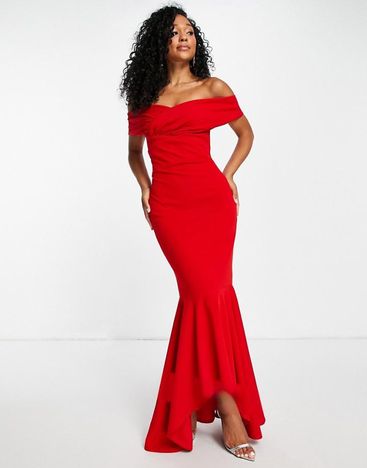 Little Mistress Bardot Fishtail Maxi Dress In Red