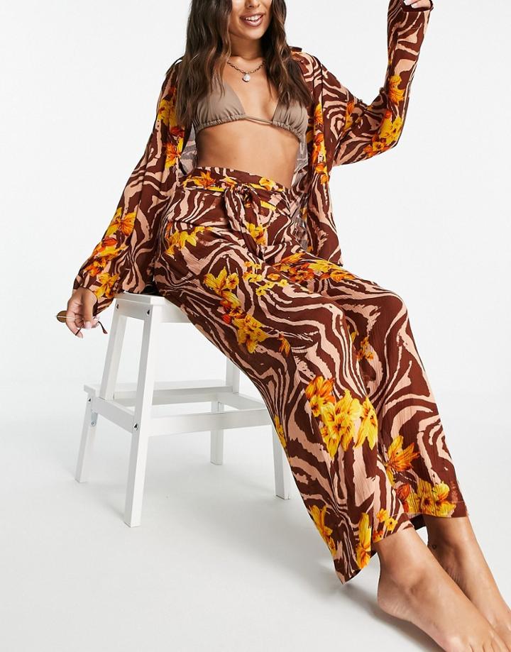 Asos Design Crinkle Beach Pant In Zebra Tropical Print - Part Of A Set-multi