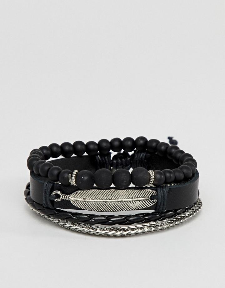 Asos Design Leather And Chain Bracelet Pack In Black With Feather - Black