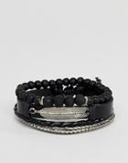 Asos Design Leather And Chain Bracelet Pack In Black With Feather - Black