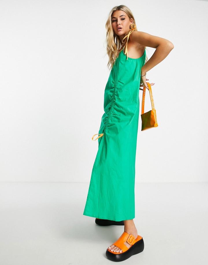 Native Youth Cami Maxi Dress With Ruched Slit And Contrast Binding-green