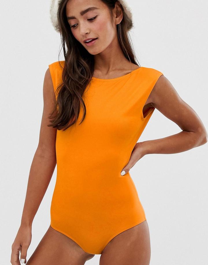 Monki Sporty Swimsuit In Mustard-orange