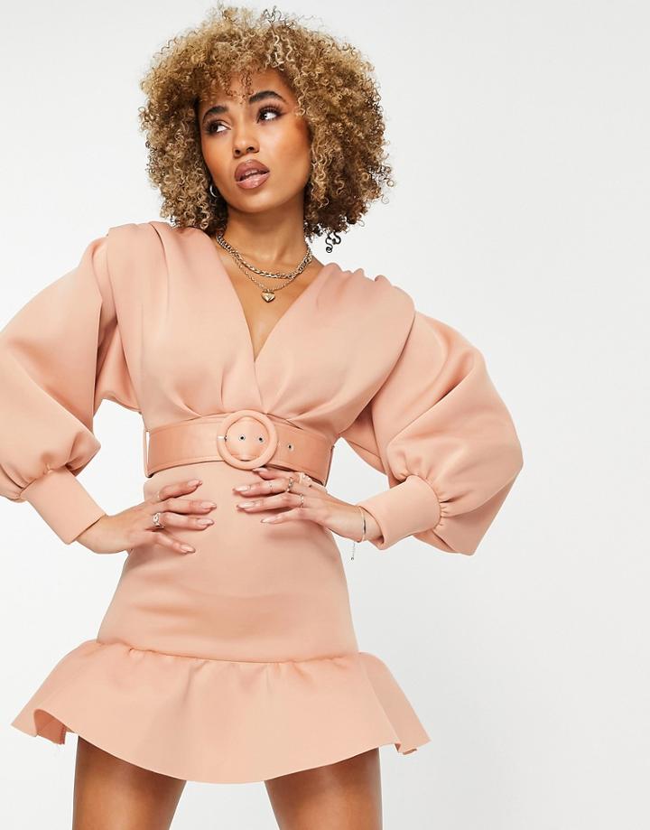 Asos Design Plunge Pephem Belted Mini Dress In Dusty Coral-multi