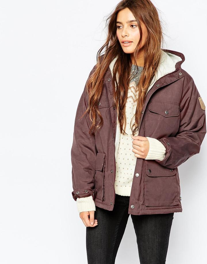 Fjallraven Short Hooded Lightweight Jacket With Faux Shearling Lining - Red