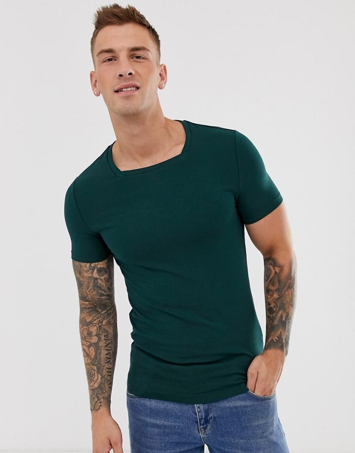 Asos Design Organic Muscle Fit T-shirt With Square Neck In Green - Green