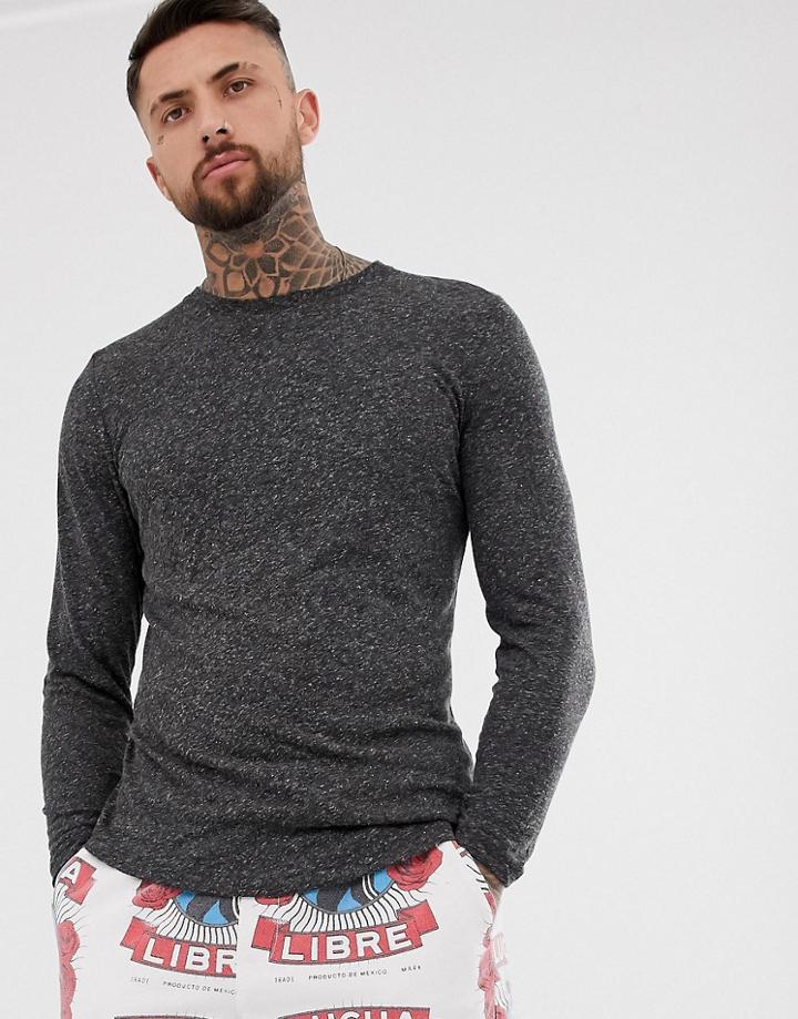 Asos Design Longline Long Sleeve T-shirt With Curved Hem In Linen Mix-black
