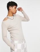Asos Design Long Sleeve Muscle T-shirt With Neck Cut Outs In Stone-neutral