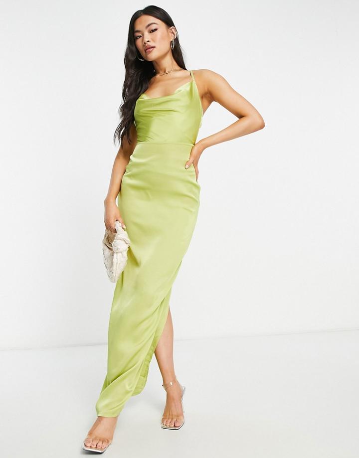 Naanaa Satin Cowl Neck Maxi Dress In Lime-orange