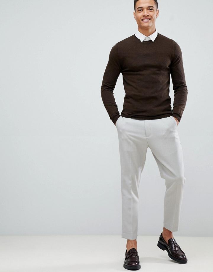 Asos Design Muscle Fit Merino Wool Sweater In Brown