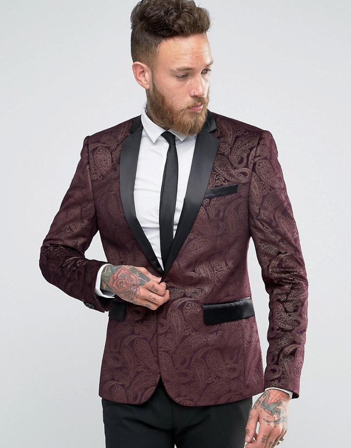 Asos Skinny Blazer In Purple Velvet Paisley Print - Purple