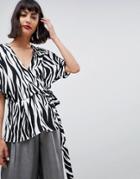 Asos Design Wrap Top With Kimono Sleeve In Zebra Print - Multi
