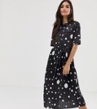 Asos Design Petite Midi Shirt Dress With Pleated Skirt And Belt In Polka Dot-multi