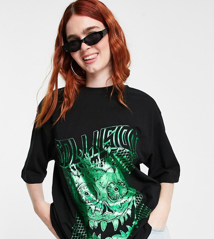 Collusion Holographic Oversized Skull T-shirt In Black