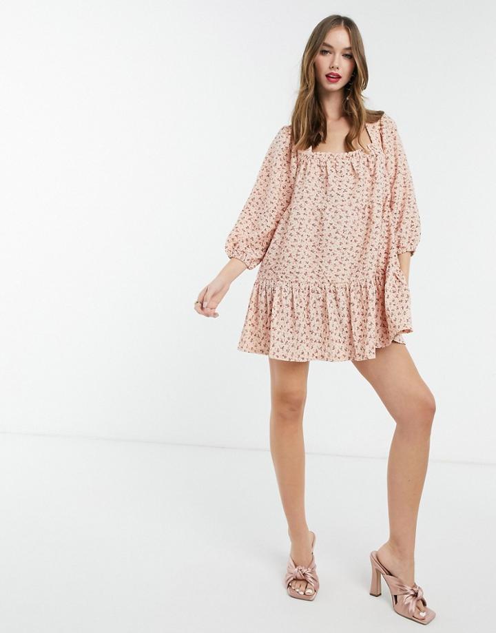 Asos Design Square Neck Mini Smock Dress With Tiers In Dusty Orange Ditsy Print