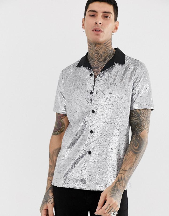 Asos Design Festival Regular Fit Silver Sequin Shirt With Revere Collar