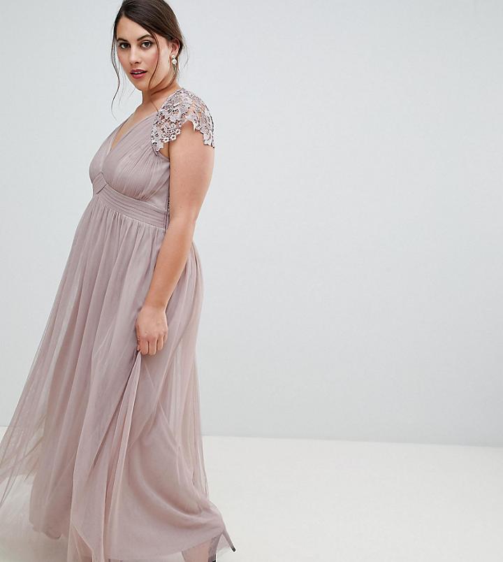 Little Mistress Plus All Over Lace Scallop Back Plunge Front Maxi Dress - Gray