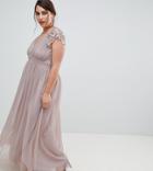 Little Mistress Plus All Over Lace Scallop Back Plunge Front Maxi Dress - Gray
