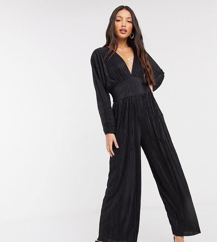 Asos Design Tall Kimono Plisse Jumpsuit-black