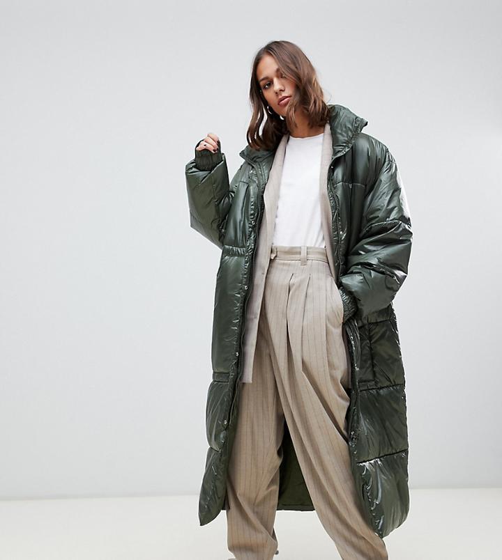 Weekday Oversized Long Padded Jacket In Green