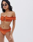 Boohoo Shirred Bardot Bikini Top In Orange - Orange