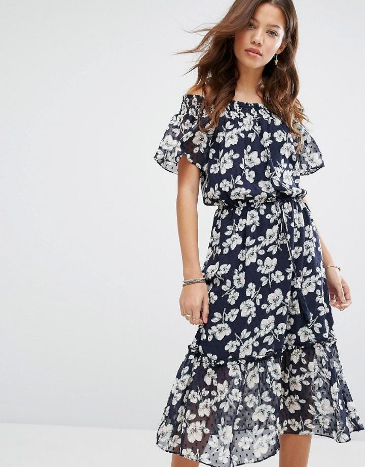 Moon River Off-shoulder Midi Dress - Navy