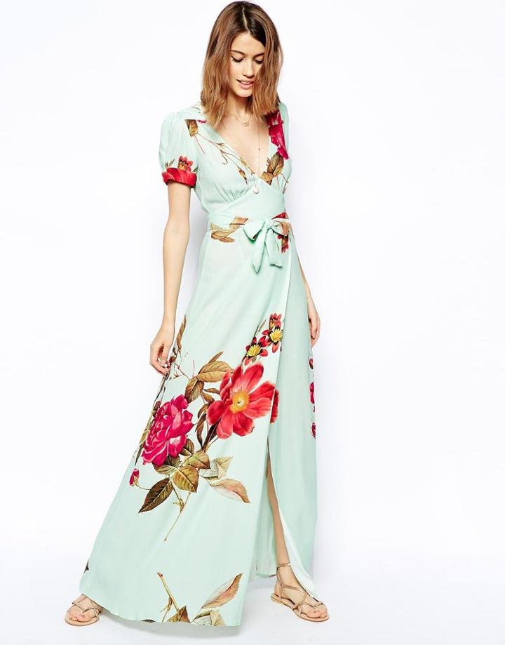 Asos Wrap Maxi Dress In Rose Print
