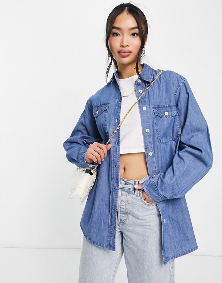 Lipsy Denim Longline Shirt In Midwash Blue
