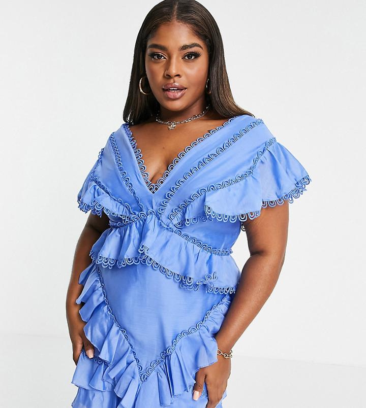 Asos Design Curve Lace Trim Structured Mini Dress With Ruffle Detail-multi