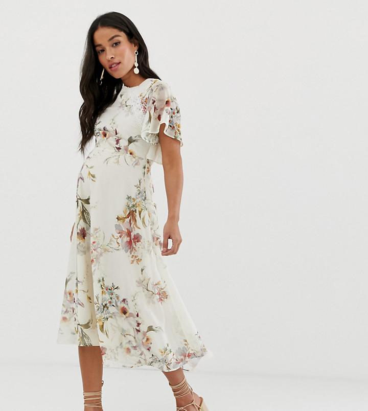 Hope & Ivy Maternity Open Back Midi Dress In Cream Floral - Multi