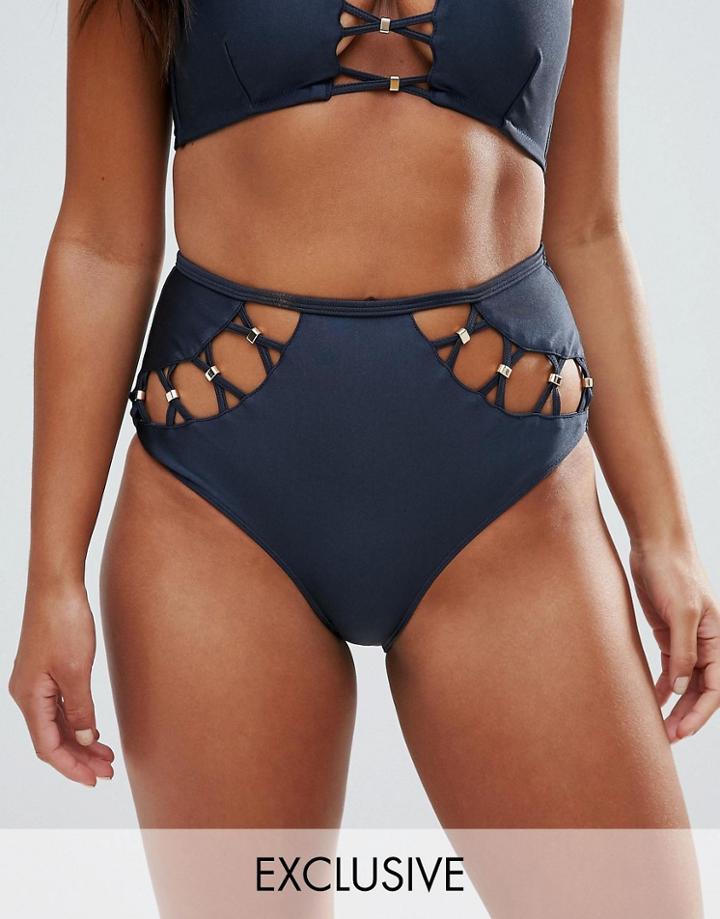 Wolf & Whistle Macrame Insert High Waist Bikini Bottom - Navy