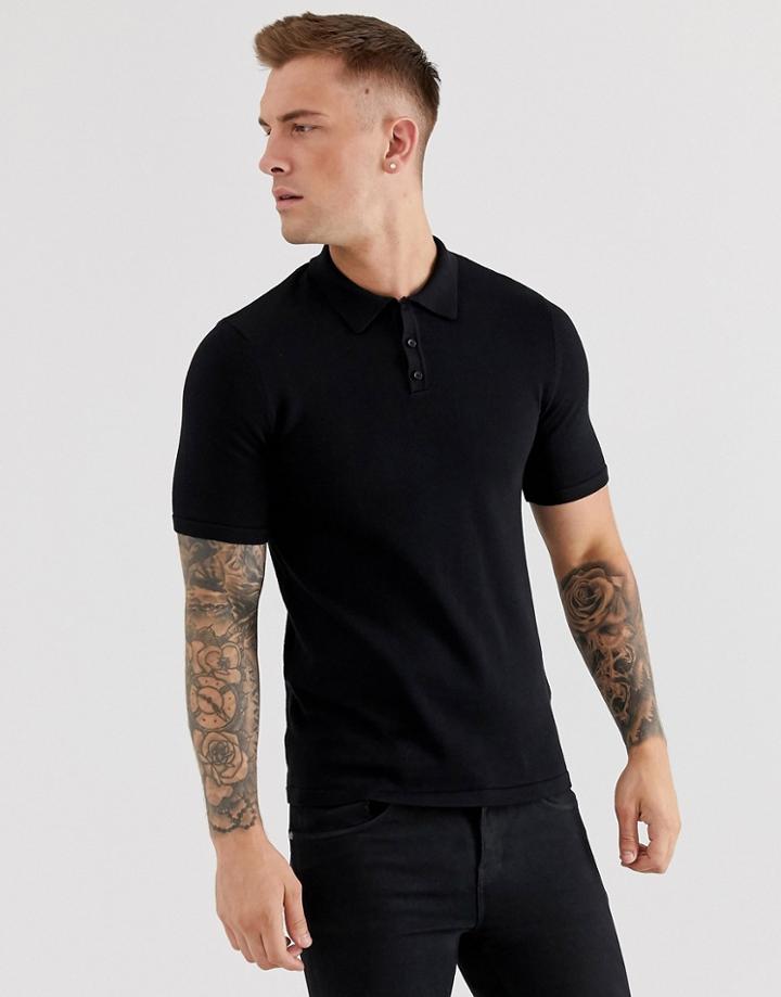 Asos Design Knitted Polo Shirt In Black - Black