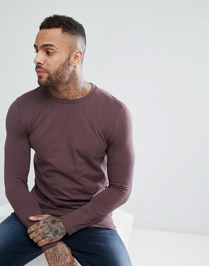 Asos Design Crew Neck T-shirt With Long Sleeves In Purple - Purple