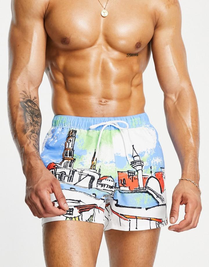 Asos Design Swim Shorts With Landscape Print Short Length-multi