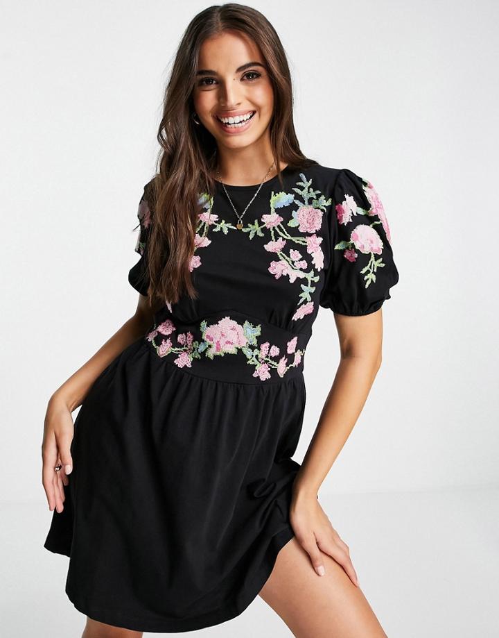 Asos Design Mini Dress With Puff Sleeve And Cross Stitch Embroidery In Black
