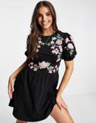 Asos Design Mini Dress With Puff Sleeve And Cross Stitch Embroidery In Black