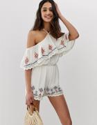 En Cr Me Off Shoulder Romper With Ruffle And Embroidered Detail - White