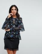 Influence Ruffle Front Floral Blouson Sleeve Top - Black