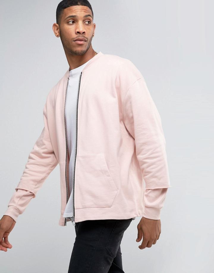 Asos Oversized Jersey Bomber Jacket With Double Layer Sleeve - Pink