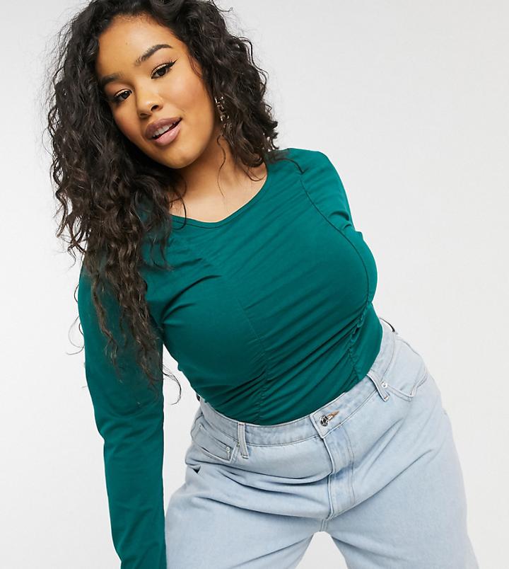 Outrageous Fortune Plus Exclusive Ruched Detail Long Sleeve Top In Emerald Green