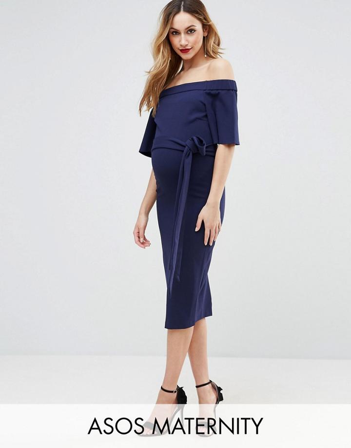 Asos Maternity Midi Dress With Off Shoulder And Self Tie - Navy