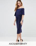 Asos Maternity Midi Dress With Off Shoulder And Self Tie - Navy