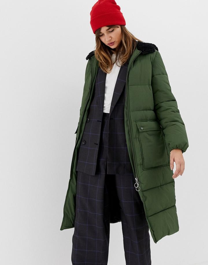 Stradivarius Hooded Maxi Puffer Coat In Green - Green