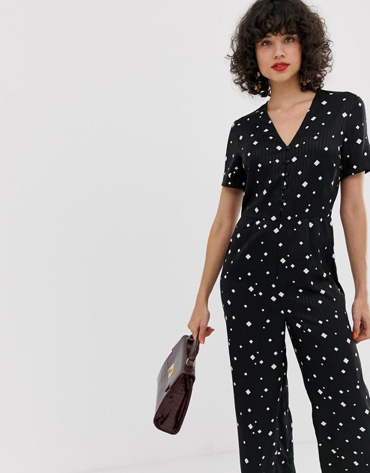 Pieces Diamond Print V Neck Jumpsuit-black