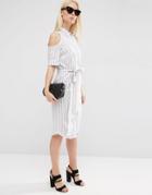 Asos Cold Shoulder Shirt Dress With Tie In Stripe - Cream